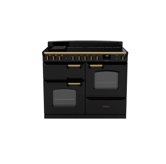Rangemaster CLDLO110EIPGBL/AB1 Classic Deluxe 110cm Induction Range Cooker – Black with Antique Brass Trim In Stock