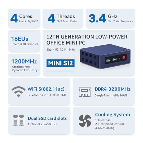 Beelink Mini S12 Mini PC, Mini Computer with Alder Lake-N N95, 16GB DDR4 + 500GB M.2 2280 SSD, WIFI5, Dual HDMI, Dual Screen Display, 1000Mbps, BT 4.2