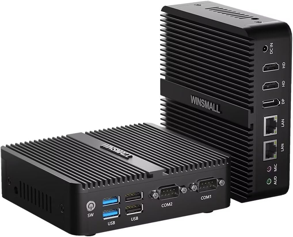 Fanless N100 Mini PC 12V Industrial PC, 4K Triple Display, Dual HD/DP/Dual RJ45 Lan/Dual RS232 COM, Auto Power On, Embedded Mini PC Server WIN11, 16GB RAM 256GB NVME SSD