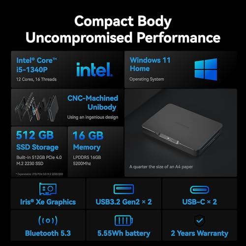 khadas Mind Mini PC, Intel Corei5-1340P 4.6GHz Mini Portable Desktop Computers with 5.55Wh Standby Battery,16GB LPDDR5, 512GB PCIe4.0 SSD, Windows11 for Home Office Support 4K Display/WiFi 6E/BT5.3