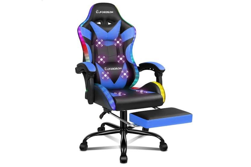 Elfordson Led 8-Point Massage Gaming Chair with Lumbar Cushion | Blue
