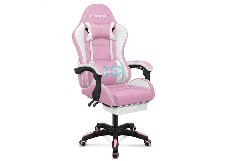 Elfordson Gaming Chair | Pink Fabric Linen High-back | With Massage Lumbar Cushion & Footrest