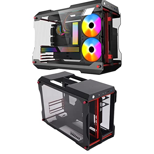 Desktop Chassis, Mini Fully Transparent Open M‑ATX Motherboard Computer Case DIY PC Gaming Case, 2 Tempered Glass, Cooling System, 2pcs Cooling Fan(black)