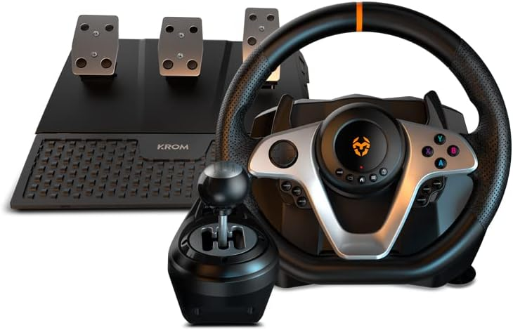 KROM K-WHEEL PRO - Professional Gaming Steering Wheel with Pedals, Shifters, Built-in Shifters, 3 Adjustable Sensitivity Modes, Compatible with PC, PS3, PS4, Xbox One and Switch - Black