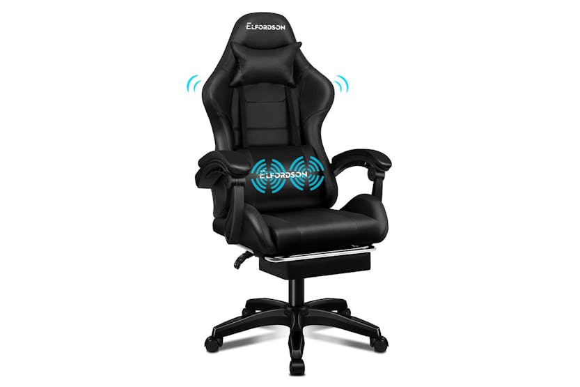 Elfordson Massage Gaming Chair with XL Lumbar Cushion | Black