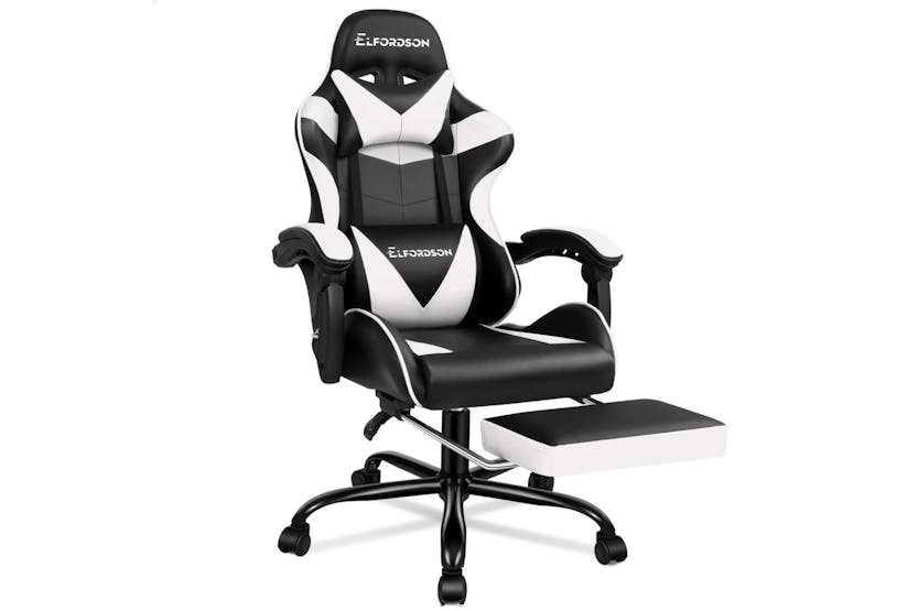 Elfordson 2-Point Massage Gaming Chair with Lumbar Cushion | White