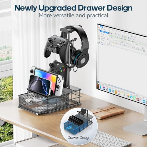 KDD Headphone Stand with Drawer & Cable Organizer - Controller Stand Holder for Desk, Aluminum Supporting Bar Earphone Stand - Universal Headset Holder for Gaming PC Accessories Storage