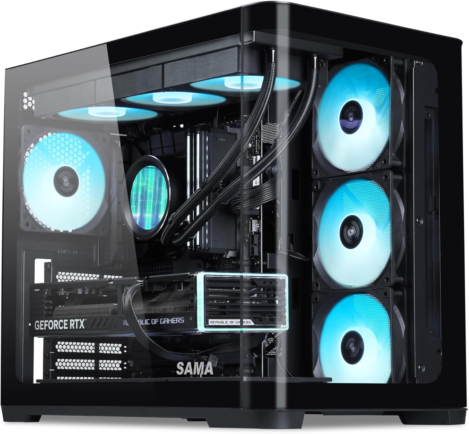 SAMA V60 Mid Tower PC Case, Curved Tempered Glass Panel, 7×120mm ARGB PWM Fans with Fan Hub, USB Type-C, High Airflow ATX PC Case for Case PC Gaming, Back-Connect Ready, 360mm AIO Support – Black