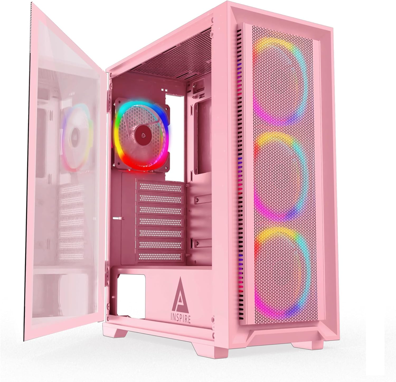 Apevia Inspire-PK Inspire Mid Tower ATX Gaming PC Case w/ 4X 120mm ARGB Fans, 366 RGB Light Modes, 1x Metal Mesh Airflow Front Panel, 1x Door Swivel Style Magnetic Glass Side Panel, 2X USB3.0, Pink
