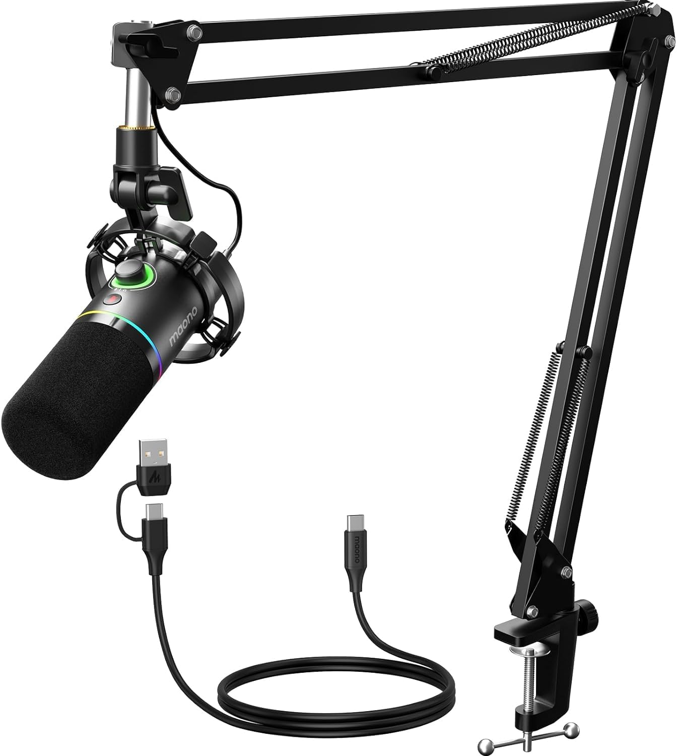 MAONO XLR/USB Dynamic Microphone Set, RGB Podcast Microphone with Boom Arm, Software, Mute Button, Gain Control, for PC Gaming, Streaming, Recording, PS4/5 Mac Mixer, etc. PD200XS Black