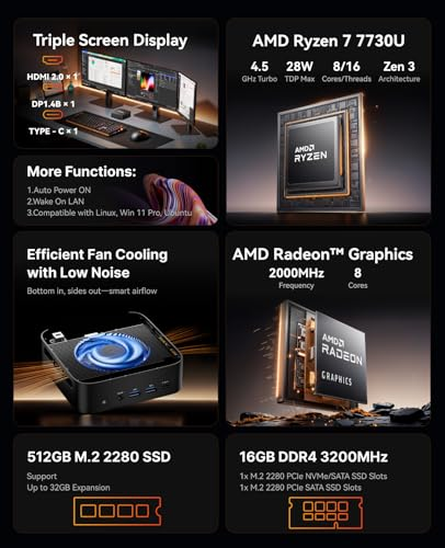 ACEMAGICIAN Kron Mini K1 Mini PC, Ryzen 7 7730U (Upgraded 5825U/7430U) up to 4.5Ghz, 16GB RAM 512GB SSD Micro Computer Support 4K, Desktop PC with WiFi6/BT5.2/Pre Win11Pro, Home Office Casual Gaming