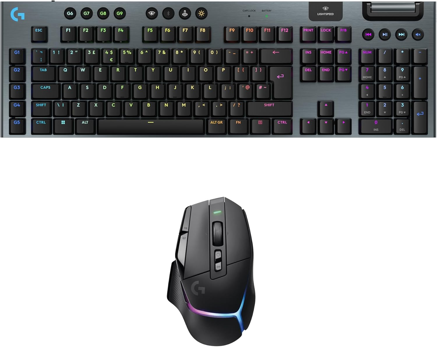 Logitech G G915 X LIGHTSPEED Low-Profile Wireless Gaming Keyboard, Double-Shot PBT Keycaps, GL Brown Tactile Switches - PC/Mac, QWERTY UK, Logitech G502 X PLUS LIGHTSPEED Wireless RGB Gaming Mouse