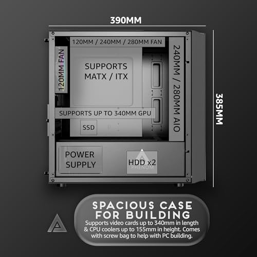 Apevia PHENOM-BK Phenom Micro ATX Gaming PC Case w/ 3x 120mm ARGB Fans, 366 RGB Light Modes, 2x Tempered Glass Panels, Front Panel Airflow Vents, Magnetic Dust Filters, 2x USB3.0, HD Audio Port, Black