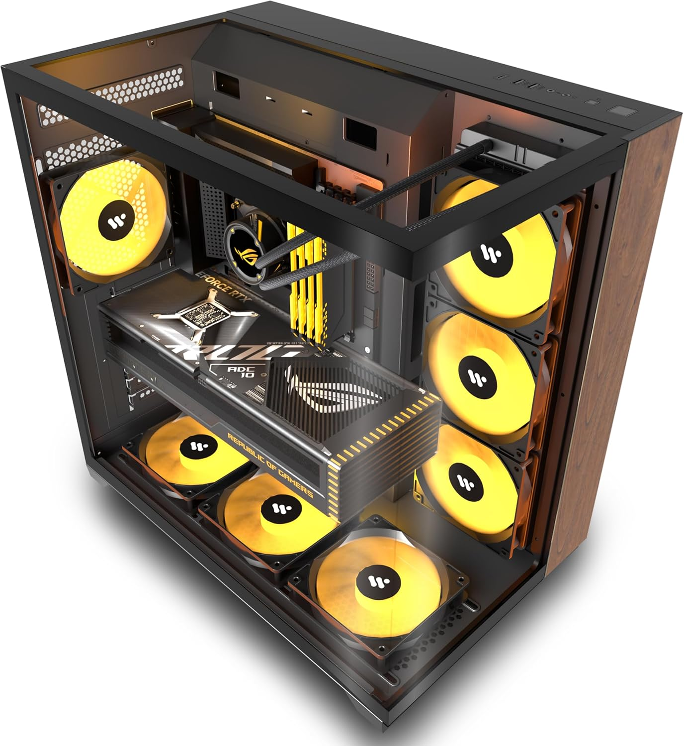 KEDIERS PC CASE ATX 6 PWM ARGB Fans Pre-Installed, Mid Tower Computer Case with Full-View Tempered Glass, Type-C,Printed Walnut Wood Panels,Support 360mm Radiator,Black Gaming Case (P7)