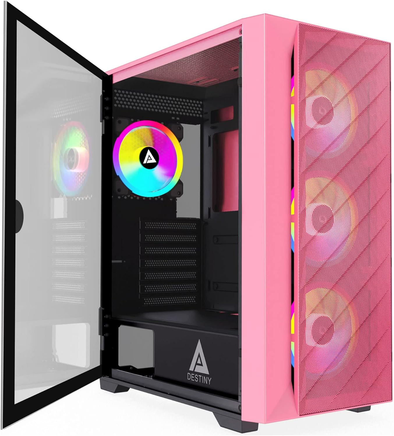 Apevia Destiny-MESH-PK Destiny Mesh Mid Tower Gaming PC Case w/ 4X 120mm ARGB Fans, 366 RGB Light Modes, 1x Metal Mesh Front Panel, 1x Door Swivel Style Magnetic Glass Side Panel, 2X USB3.0, Pink