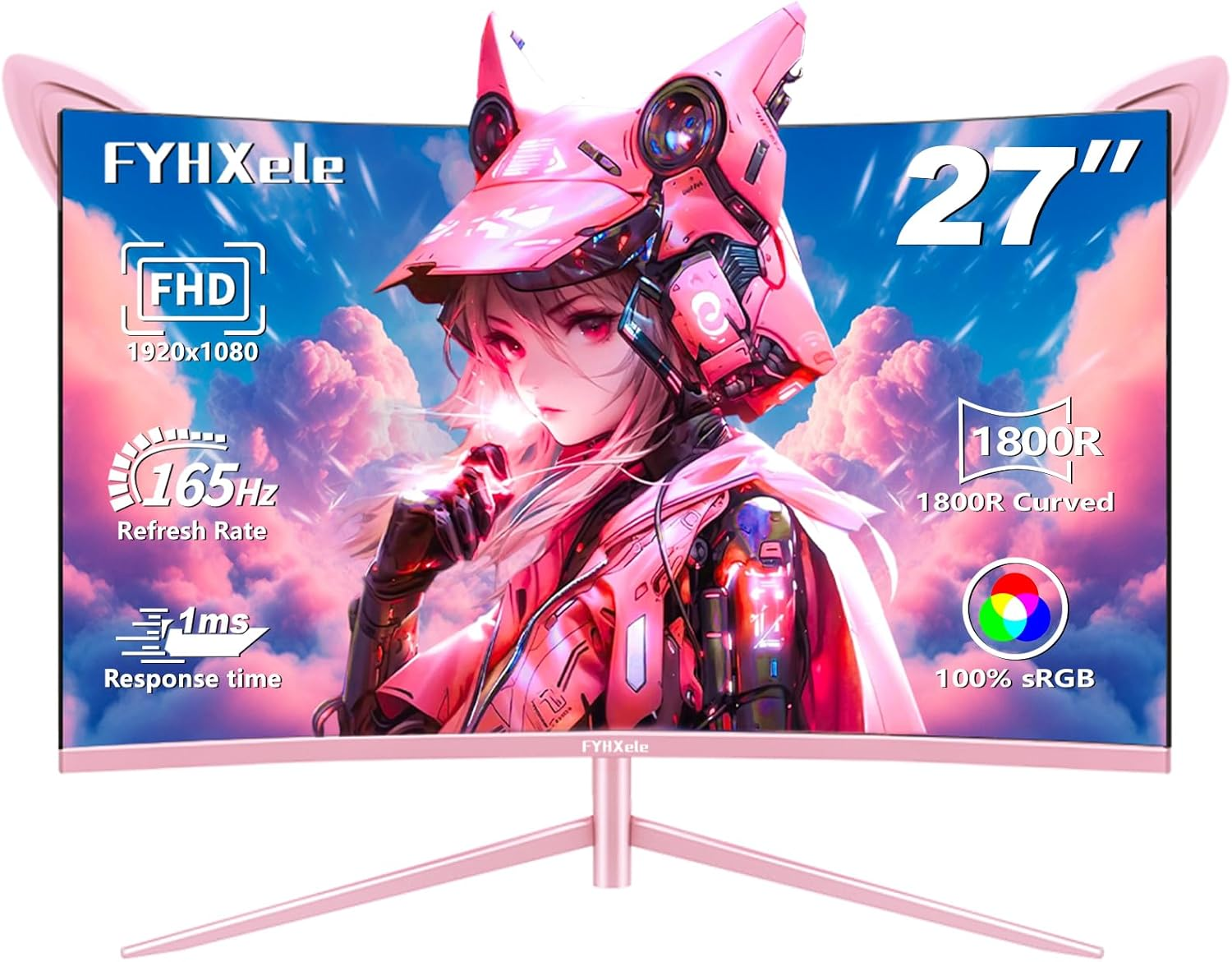 FYHXele 27 inch Gaming Monitor, Pink 1800R Curved Monitor, FHD-1920X1080P, 165Hz, 1ms, Fast IPS, FreeSync Hdmi Monitor with Ultrathin, HDMI/DP/USB Vesa/Wall Mount Computer Monitor-Pink
