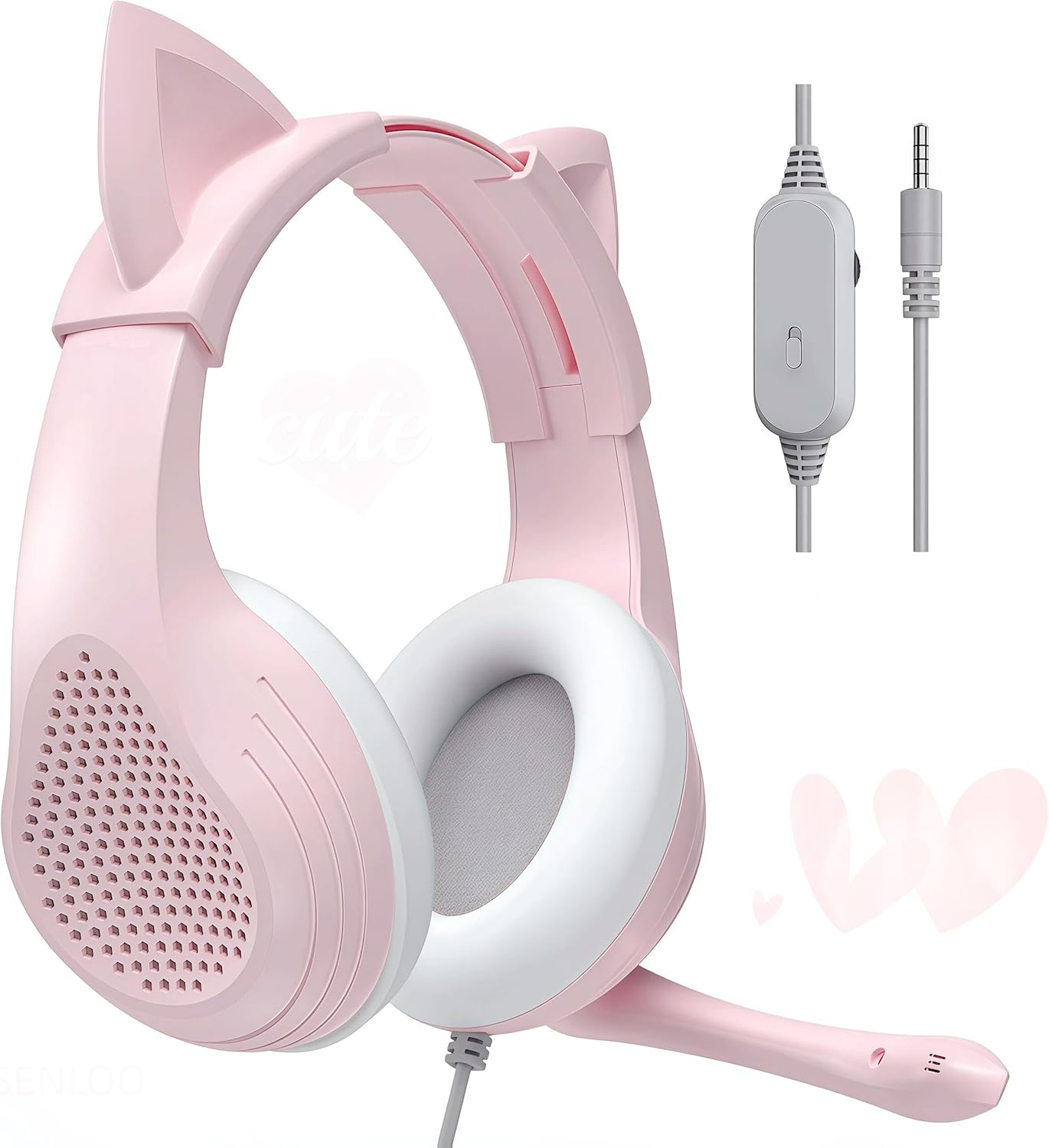 SENLOO Pink Cat Ears Gaming Headset - Over Ear Wired Stereo Sound Headphones with Noise Cancelling Mic, Comfortable Earpads - Compatible with PS5, PS4, Xbox One, PC, Mac, Laptop & Gaming Consoles