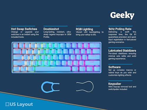 Geeky GK61 60% | Hot Swappable Mechanical Gaming Keyboard | 61 Keys Multi Color RGB LED Backlit for PC/Mac Gamer | ANSI US American Layout (Blue, Mechanical Speed Silver)