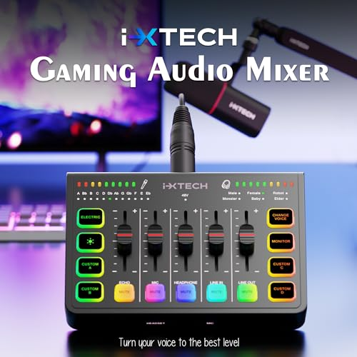IXTECH Gaming Audio Mixer - 4-Channel Soundboard with RGB & XLR Microphone Support, PC Audio Interface with Equalizer for Gaming, Podcast, Streaming & Karaoke, Individual Volume Control (Black)