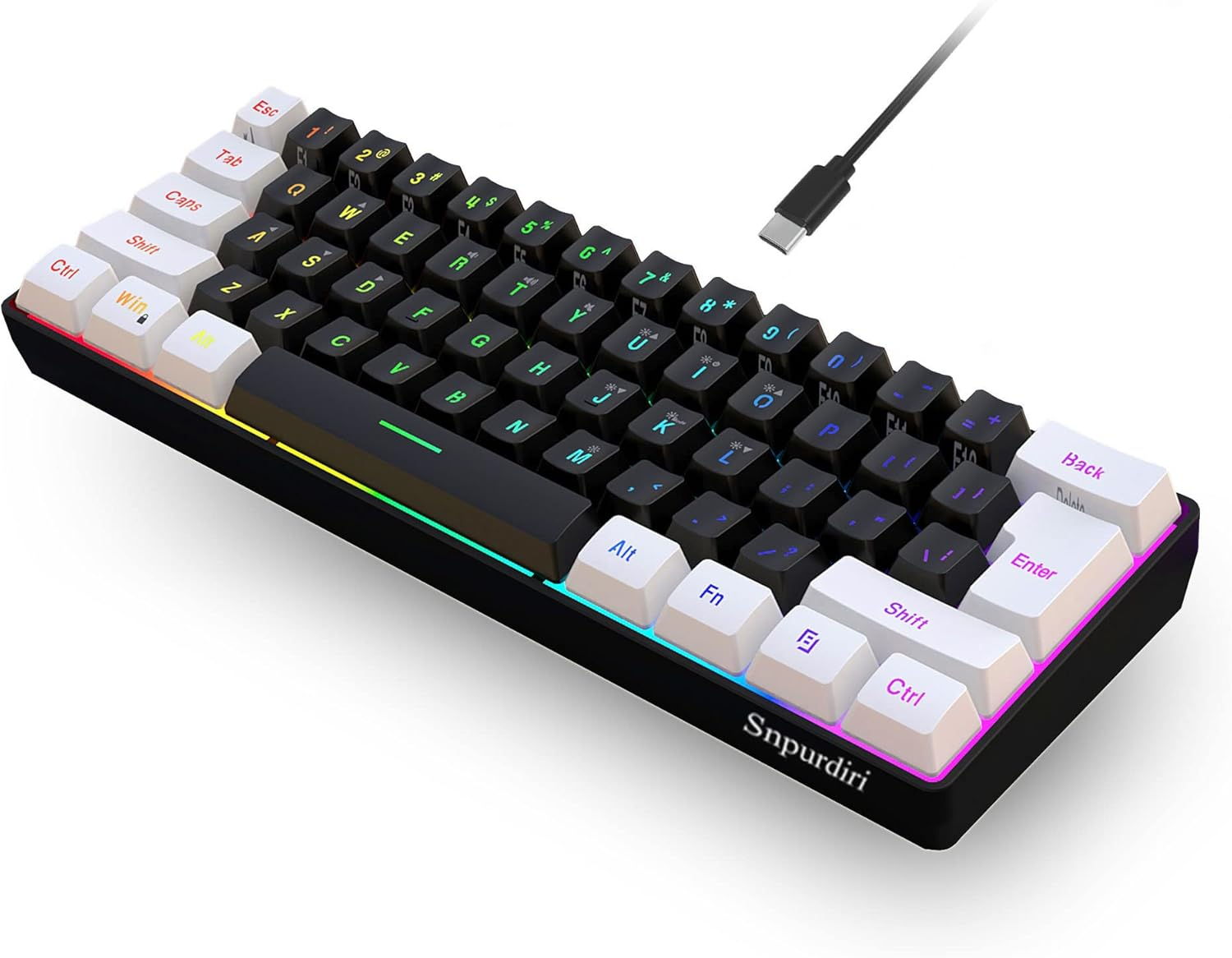 Snpurdiri 60% Wired Gaming Keyboard, Small RGB Backlit Membrane Gaming Keyboard, Ultra-Compact Mini Waterproof Keyboard for PC Computer Gamer White and Black