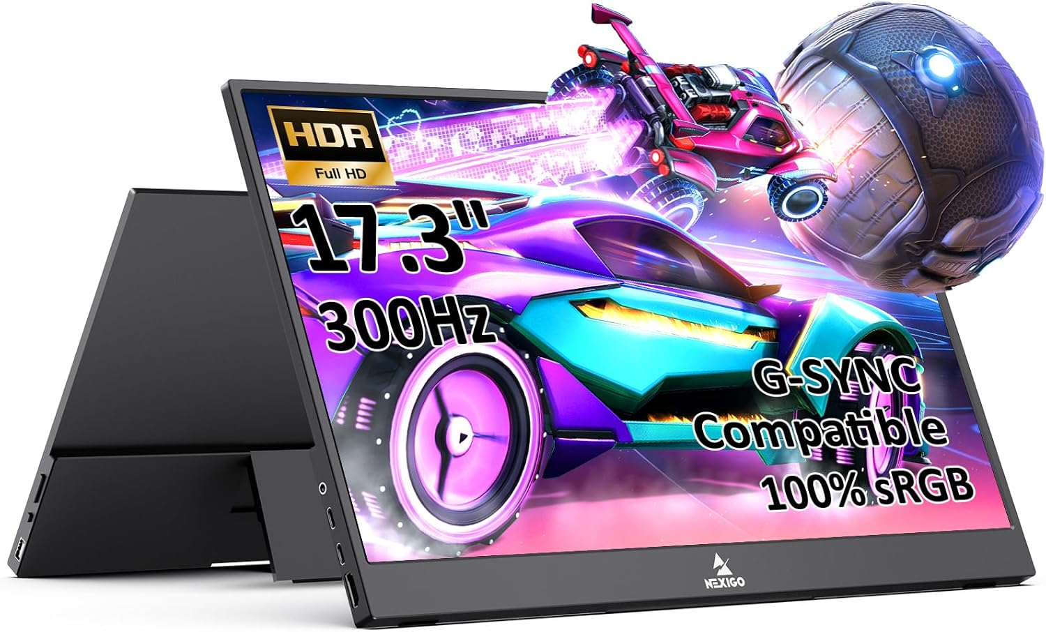 NexiGo 300Hz 17.3 Inch Portable Monitor (NG17FGQ-S), FreeSync, G-SYNC Compatible, FHD IPS Gaming Display, Dual Speakers Eye Care Screen with HDMI/Type C for Laptop PC/MAC/Console, Built-in Kickstand