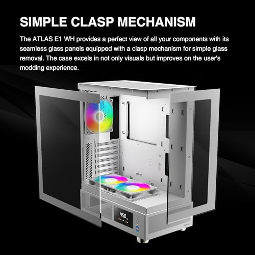 GAMDIAS ATLAS E1 WH Gaming ATX Mid Tower Computer PC Case, Customized Monitor w/Software, 3 x 120mm ARGB Fans(2 Reverse), Panoramic Tempered Glass Display, Perforated Airflow Vent PSU Chamber, White