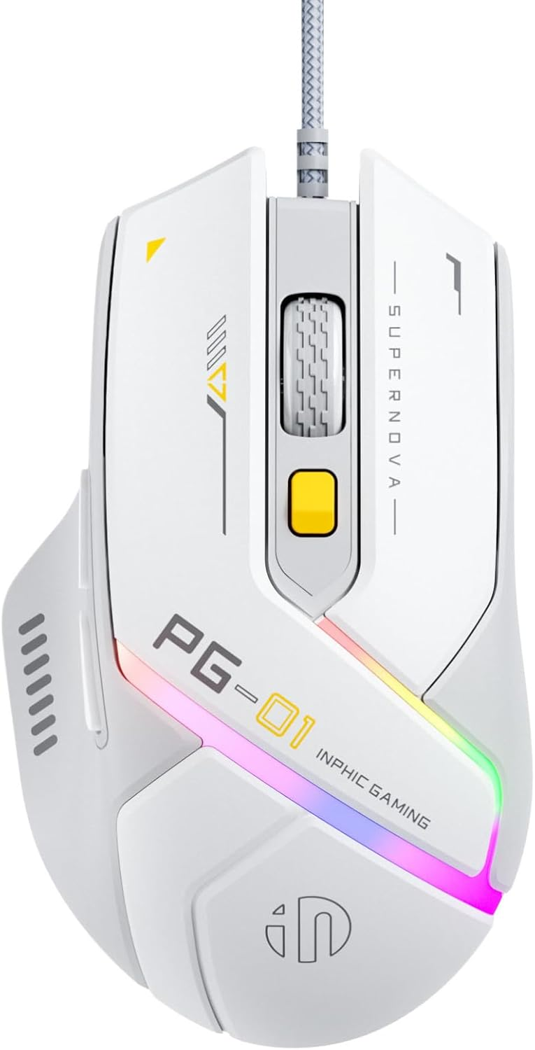 Uineer Lightweight Gaming Wired Mouse,USB Optical Mouse，12800 DPI Adjustable,6 Programmable Buttons,12 RGB Breathing Mice,Ergonomic pc gaming mouse,for pc,Laptop and Desktop (White)