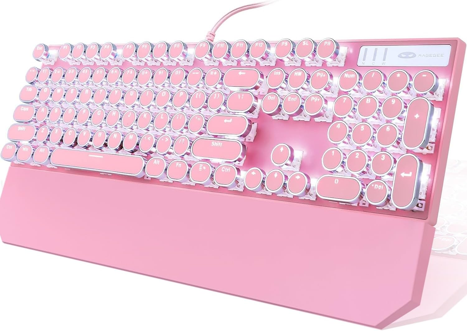 Camiysn Typewriter Style Mechanical Gaming Keyboard, Pink Retro Punk Gaming Keyboard with White Backlit, 104 Keys Blue Switch Wired Cute Keyboards, Round Keycaps for Windows/Mac/PC
