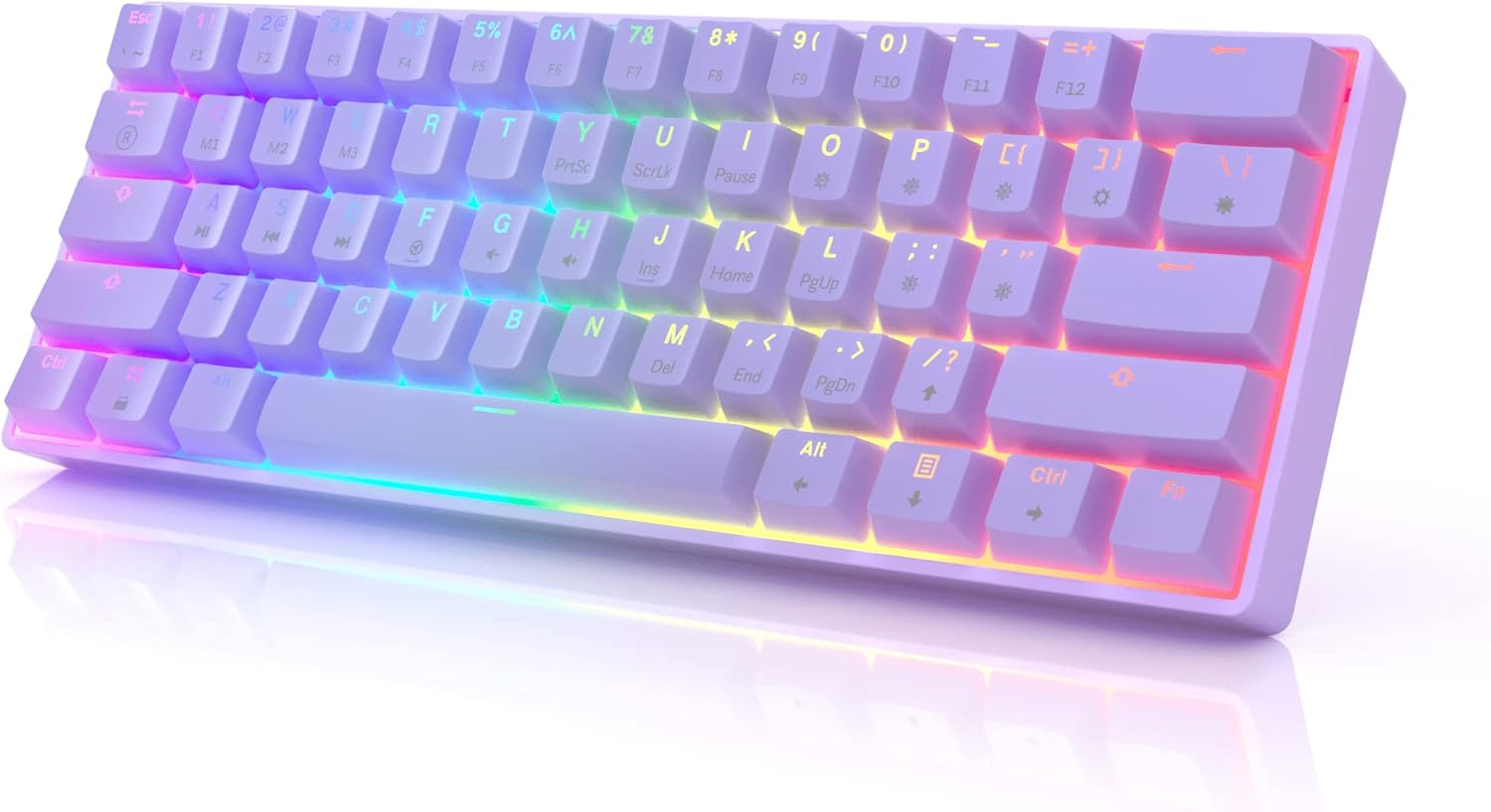 HK Gaming GK61 Mechanical Gaming Keyboard 60 Percent | 61 RGB Rainbow LED Backlit Programmable Keys | USB Wired | For Mac and Windows PC | Hotswap Gateron Optical Brown Switches | Lavender