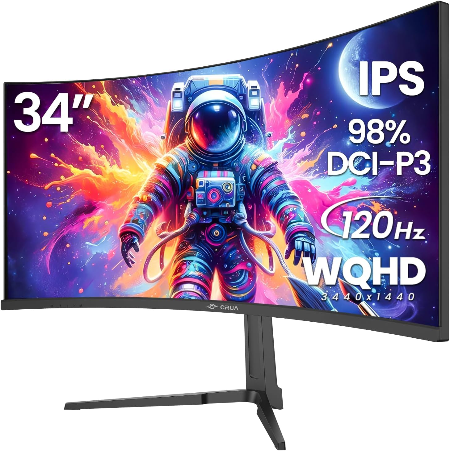 CRUA 34" Curved Gaming Monitor, IPS WQHD (3440 x 1440P) 120Hz 1900R 21:9 UltraWide PC Display, 130% sRGB, AMD FreeSync, Blue Light Filter, HDMI/DP Ports, In-Mount Facilities