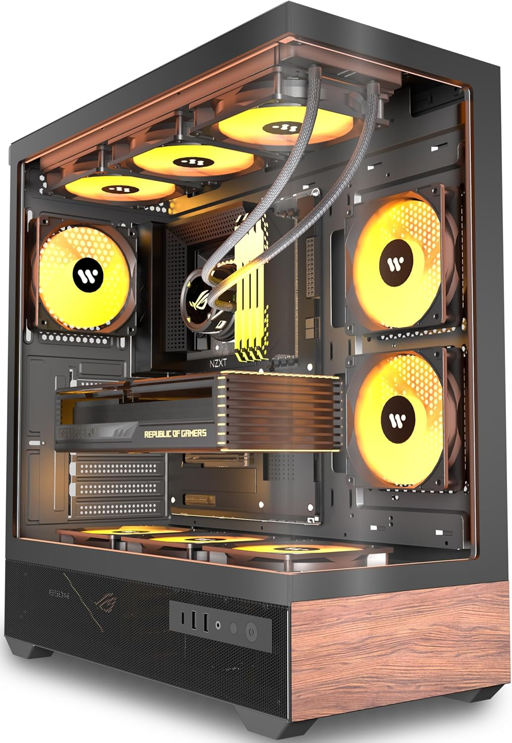KEDIERS PC CASE ATX 5 PWM ARGB Fans Pre-Installed, Mid Tower Computer Case with Full-View Tempered Glass, Type-C,Printed Walnut Wood Panels,Support 360mm Radiator,Black Gaming Case,P6