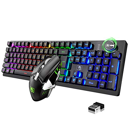 FELiCON K620 Wireless Gaming Keyboard and Mouse Combo, Mechanical Feel Rechargeable 100% Keyboard 4800 mAh, 16 Light Up RGB LED QWERTY US Layout+PC Gaming Mice with 2.4G Receiver for PC Mac PS4-Black