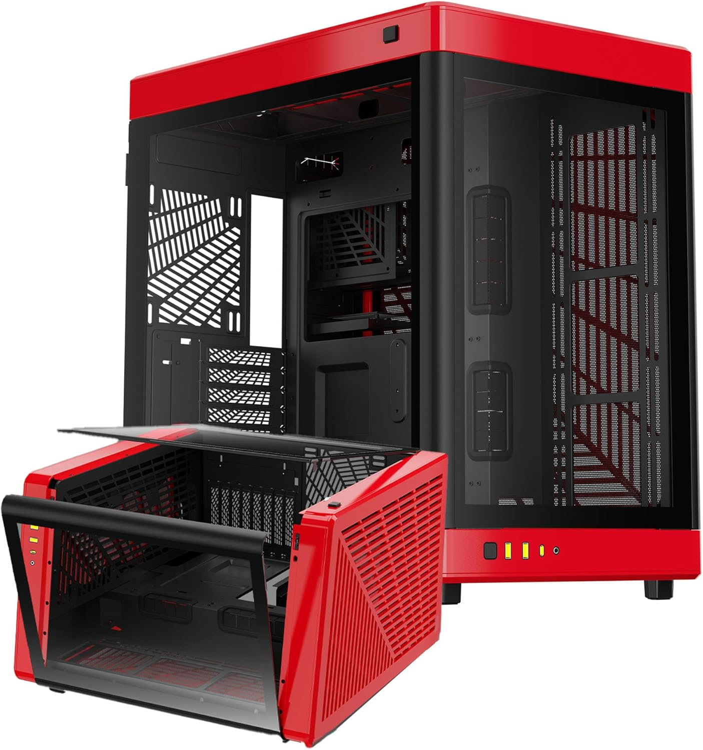 GAMDIAS NESO P1 Dual Chamber Full-Tower EATX Computer Gaming Case, 2 Way Setup Modular Design, Fully Panoramic Touch-Open Tempered Glass Panel, Excellent Cable Management & Airflow, Type-C Ready, Red