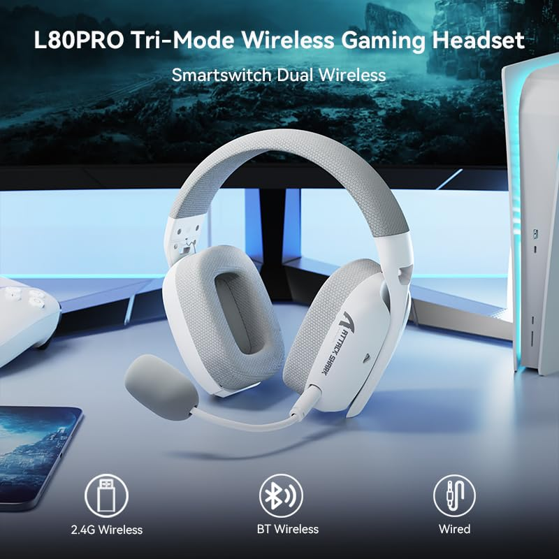MAMBASNAKE ATTACK SHARK L80PRO Ultralight Wireless Gaming Headset, 7.1 Surround Sound, Lightweight Headphone With Bendable Dual Mic, Tri-Mode(2.4G/BT/3.5mm Wired), 40mm Driver,for PC/Mac/PS/XBOX White