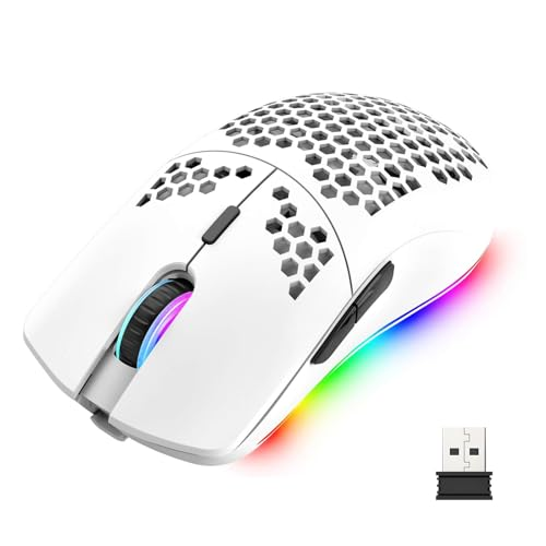 Mengshen RGB Gaming Mouse, Wireless Mice with Lightweight Honeycomb Shell High Precision Optical Sensor Adjustable 3200 DPI Ergonomic for Windows PC & Laptop Gamers (White)