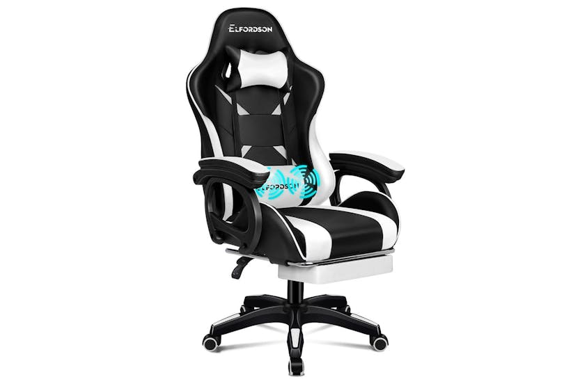 Elfordson Gaming Chair with 2-Point Massage Cushion | White/Black